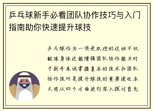 乒乓球新手必看团队协作技巧与入门指南助你快速提升球技