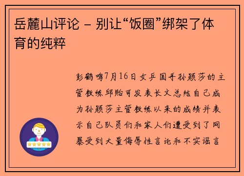 岳麓山评论 - 别让“饭圈”绑架了体育的纯粹