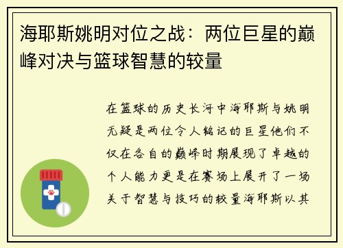 海耶斯姚明对位之战：两位巨星的巅峰对决与篮球智慧的较量